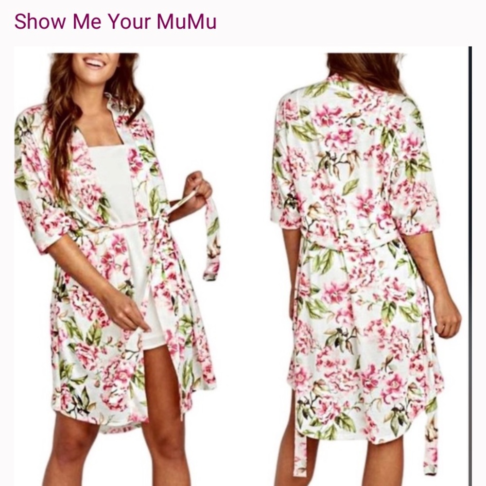 Show Me Your MuMu White Floral Satin Robe with Pink & Green Print